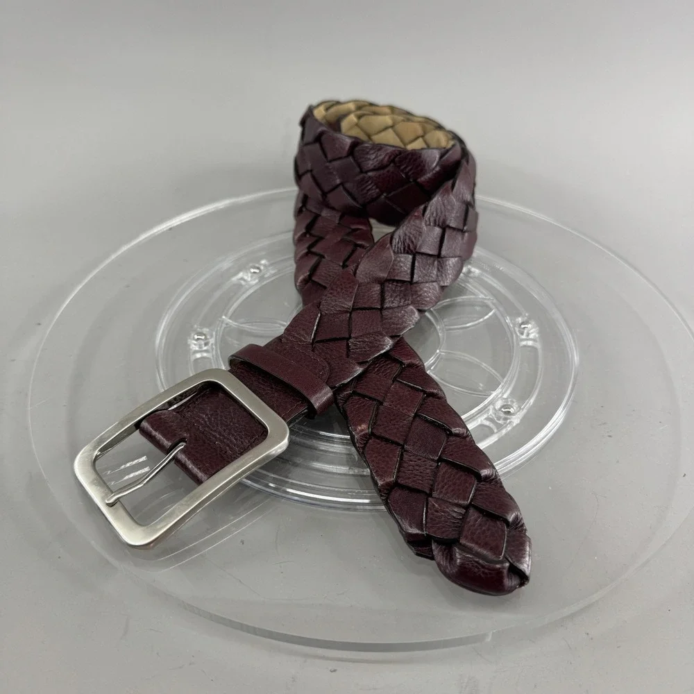 Unbranded Unisex Woven Braided Leather Belt Silver Buckle Burgundy Wine Size 28